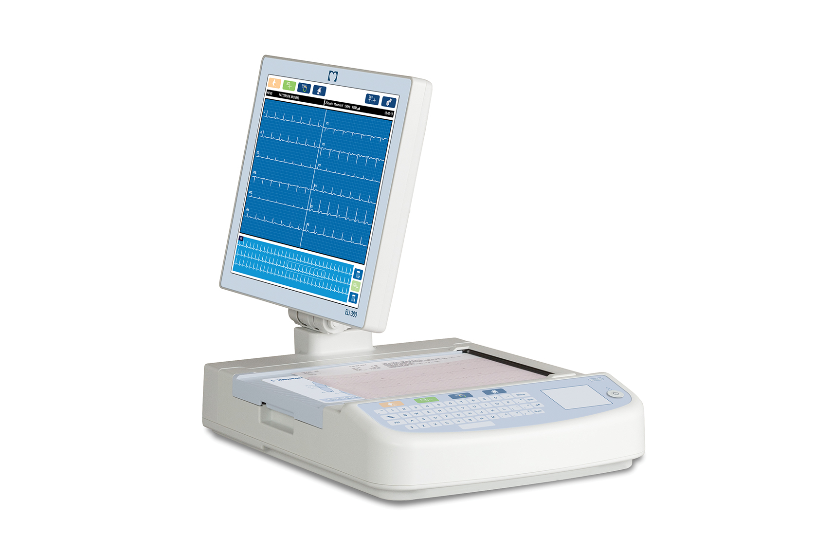 ELI 380 Resting Electrocardiograph, 3/4 view with the ERGO monitor turned to the left